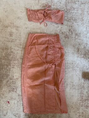 MAJORELLE Dusty Rose Eyelet Midi Skirt with Side Ruched Slit